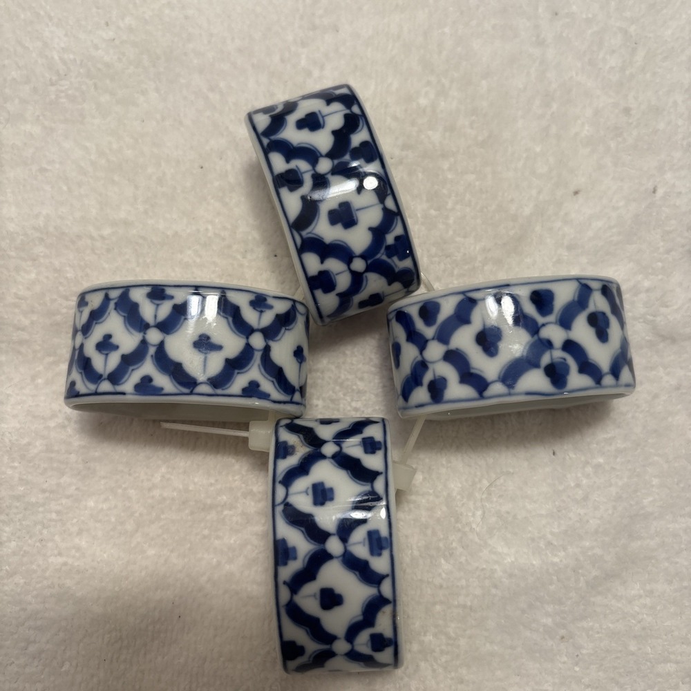 VTG Blue and White Hand Painted Ceramic Napkin Rings, Set of 4 Made In Thailand
